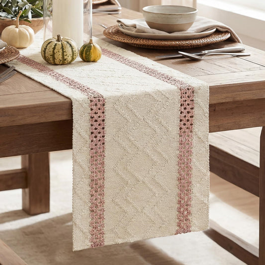 Artoid Mode Pink Stripe Woven Table Runner, Seasonal Holiday Hollow Kitchen Dining Table Decoration for Home Party Decor 12x72 Inch