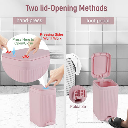 rejomiik Small Bathroom Trash Can with Lid Slim Soft Close Garbage Can Step Wastebasket Container Trash Bin for Office Bedroom Kitchen Living Room 1.9 Gallon Pink
