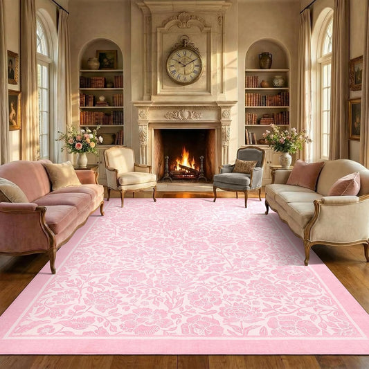 Garvee Pink Floral 5x7 Rug Washable Boho Rugs for Living Room Non-Slip Vintage Flower Soft Low Pile Nursery Rugs for Bedroom Girls Room Kids Room playroom Dining Room Dorm