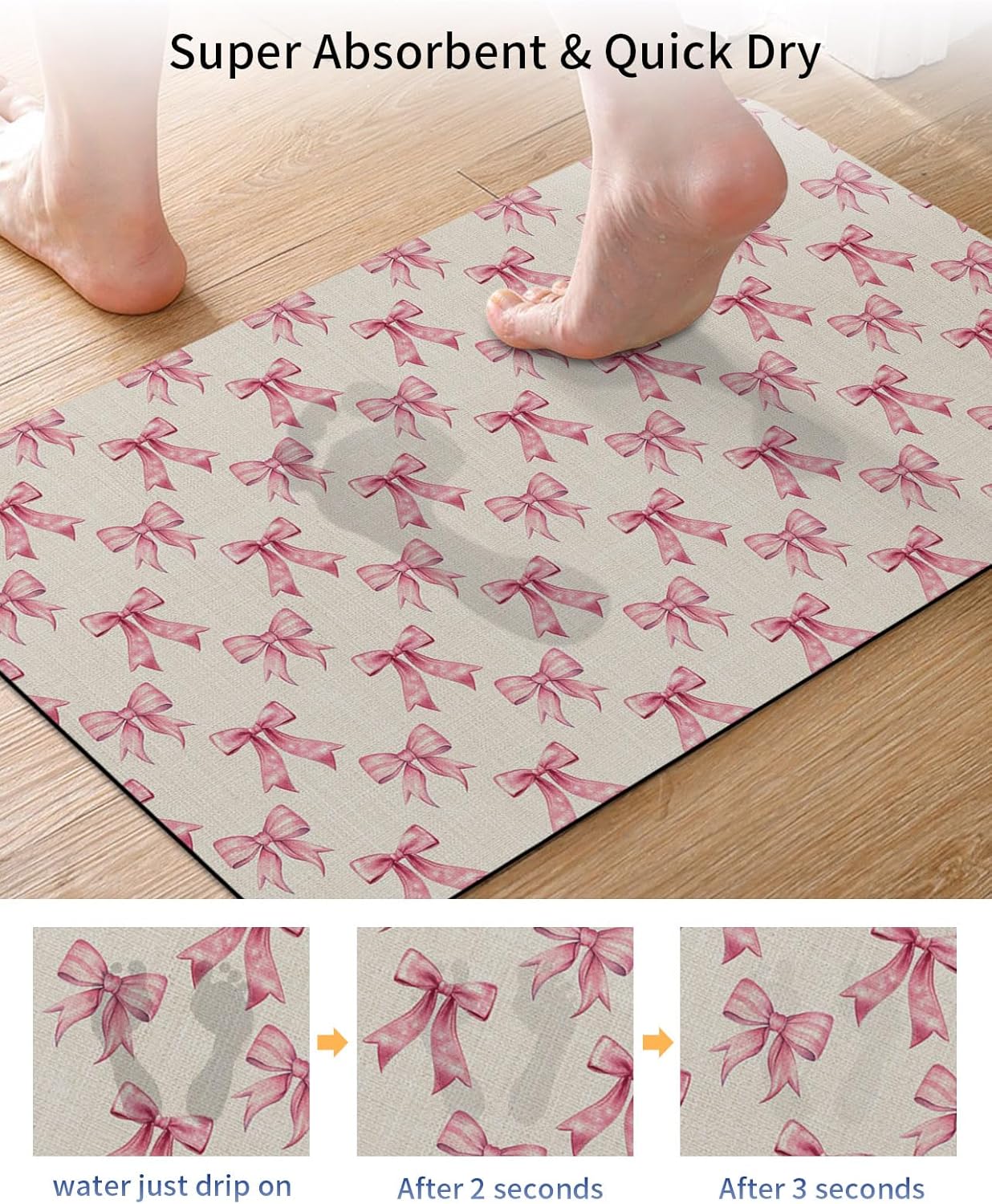 Vintage Pink Bow Bath Stone Mat, Super Absorbent Diatomite Shower Mat, Beige Retro Art Aesthetic Quick Drying Non-Slip Stone Mats for Bathroom Kitchen Counter Easy to Clean 24"x36"