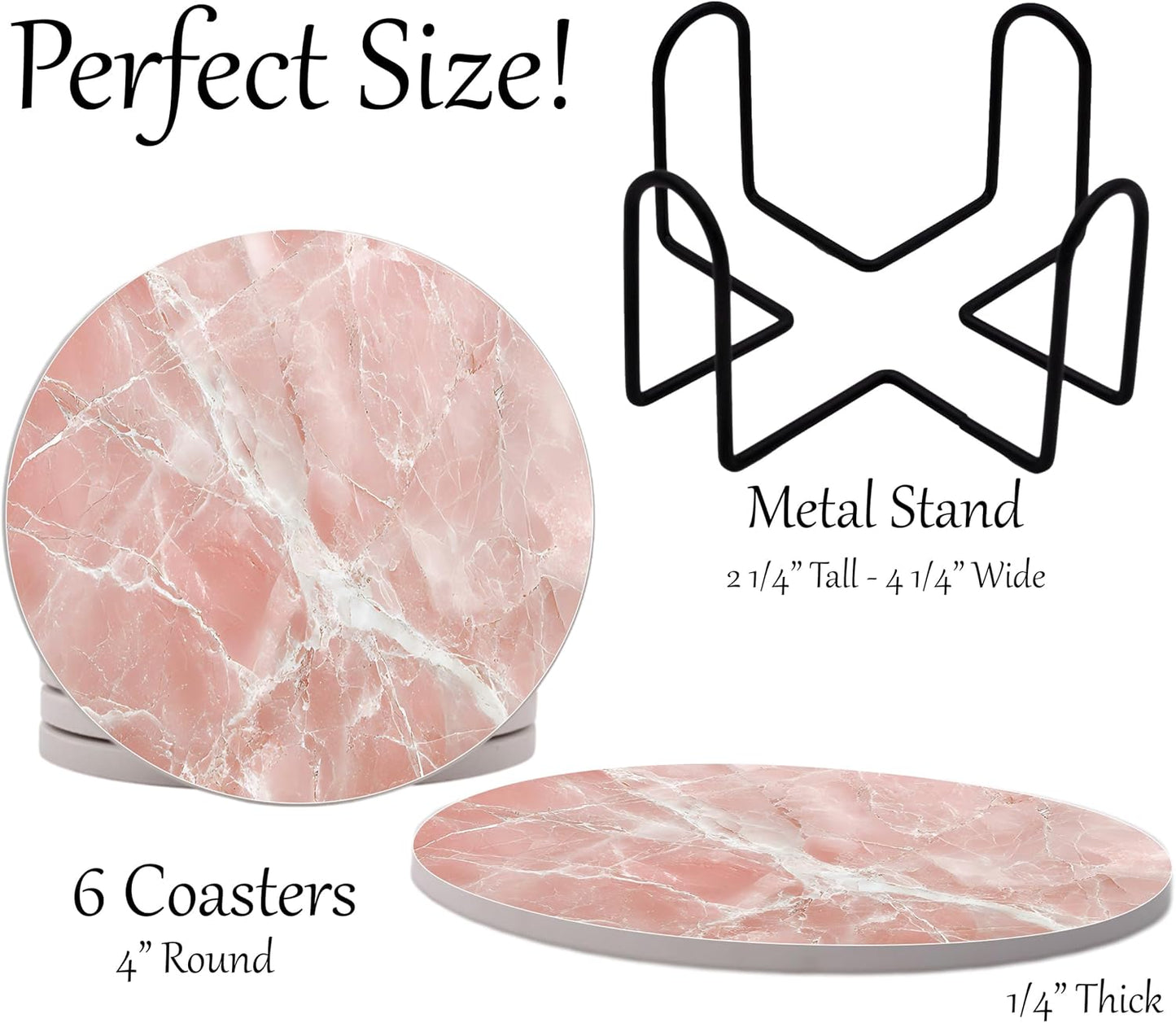 Pink Rose Quartz Agate Marble Round Coasters Set of 6 - Abosrbent Ceramic Coasters with Metal Stand for Drinks, Coffee, Non-Slip Cork Back Tabletop Protection, 4 Inches Marbled Pattern (White Pink)