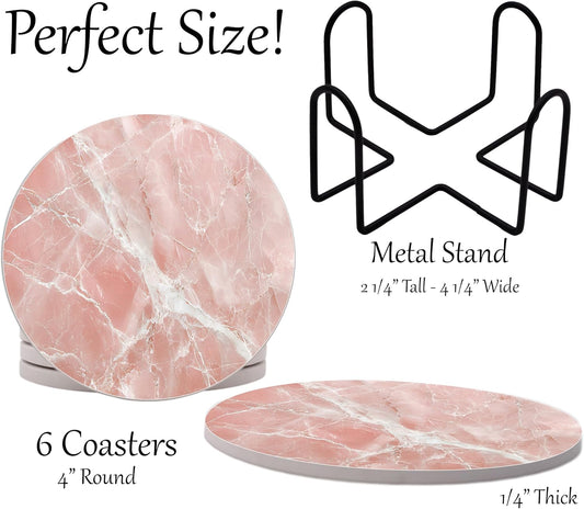 Pink Rose Quartz Agate Marble Round Coasters Set of 6 - Abosrbent Ceramic Coasters with Metal Stand for Drinks, Coffee, Non-Slip Cork Back Tabletop Protection, 4 Inches Marbled Pattern (White Pink)