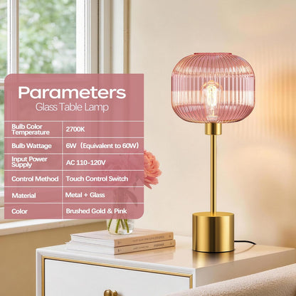 QiMH Glass Table Lamp for Living Room, Modern Bedside Lamp with Pink Ribbed Glass Shade, 3-Way Dimmable Touch Control Nightstand Lamp for Bedroom, Brushed Gold (2700K LED Bulb Included)