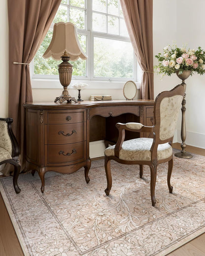 Collive 5x7 Area Rugs, Machine Washable Floral Living Room Bedroom Rug, Vintage Distressed Neutral Non Slip Low Pile Throw Carpet, Soft Retro Rugs for Dining Room Nursery Office, Pink Grey