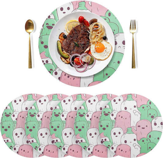 Green and Peach Unique Pattern Natural placemats Round Reversible placemats placemats Fabric Washable Farmhouse Decor placemats Waterproof Place mat 6 Set placemats for Plastic 15.4x15.4in