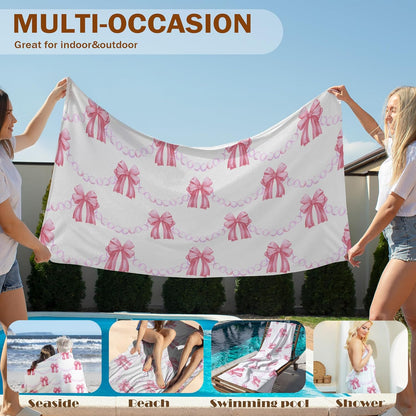 Coquette Pink Bow Beach Towel, Preppy Girls Bath Towels, Pink Bow Gifts for Women, Preppy Girly Aesthetic Pool Swim Towels for Girls Bathroom Decor, 60x30 Inches