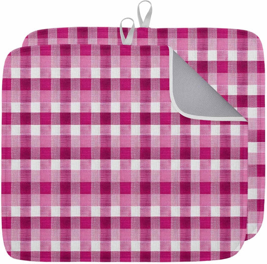 Pink White Check Dish Drying Mat 18x24 inch Modern Pink Theme Simple Super Absorbent Microfiber Dish Drying Pad for Kitchen Countertops Sink Dish Drainer Racks Coffee Bar Mats 2 Pack