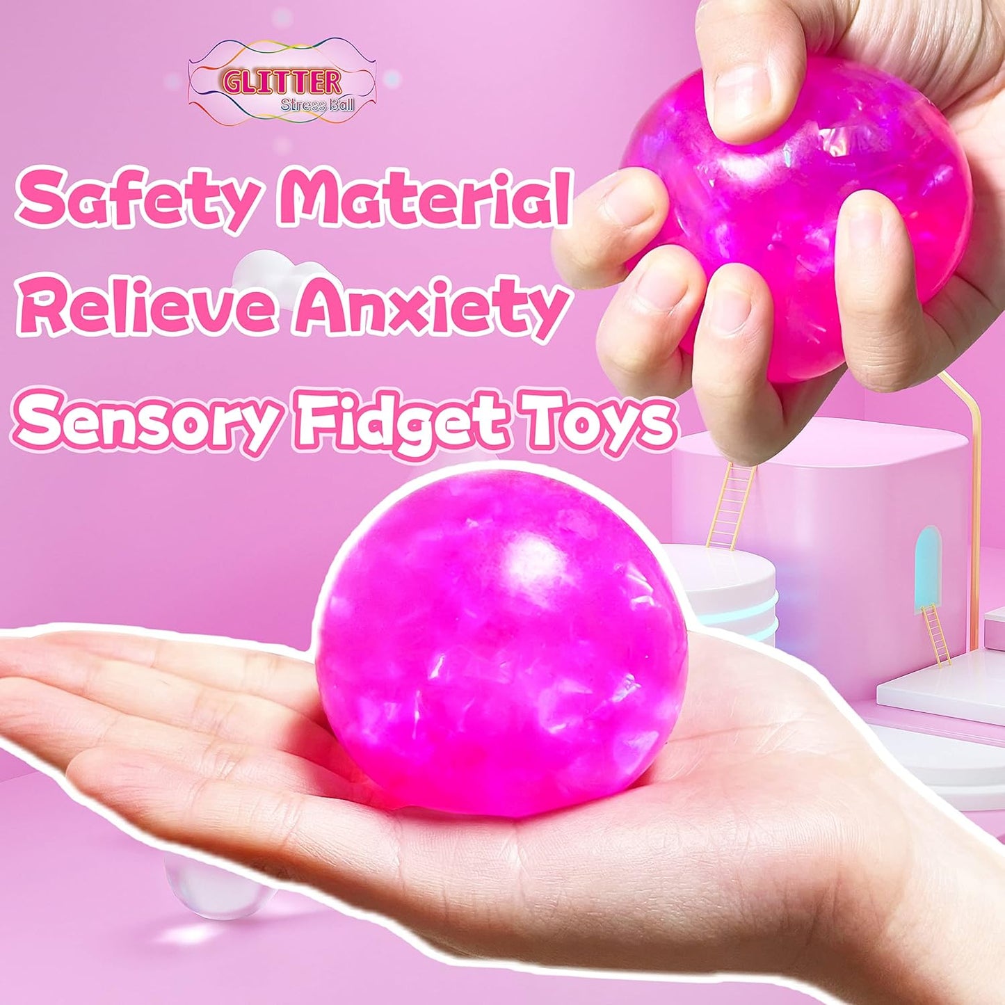 Pink Squishy Glitter Stress Balls Squeeze Fidget Toys for Kids and Adults - Colorful Stress Squish Ball, Squishy Toys for Kids Prizes,, Party Favors, Relax, Improve Focus