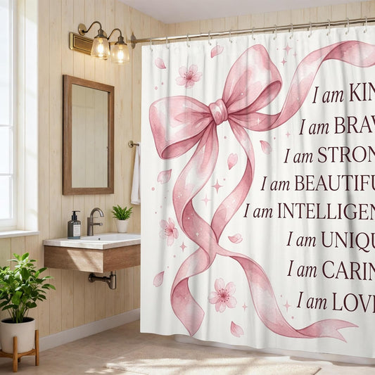Ribbon Shower Curtain, Fanciful Contemporary Cherries Blossom Petals Spring Peach Waterproof Fabric Toile Cloth Shower Curtains Decor for Bathroom Guest Room 72x84 Inch