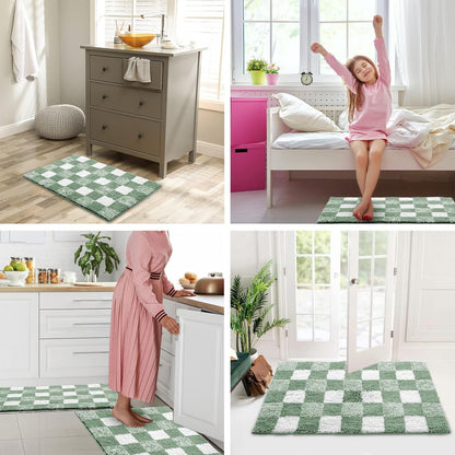 CozeCube Checkered Bath mats for Bathroom Non Slip, Fluffy Absorbent Microfiber Bath mat Washable, Aesthetic Bathroom Rugs, Cute Bath mat Set for Shower Sink, Pink Plus Green, 24" x 16