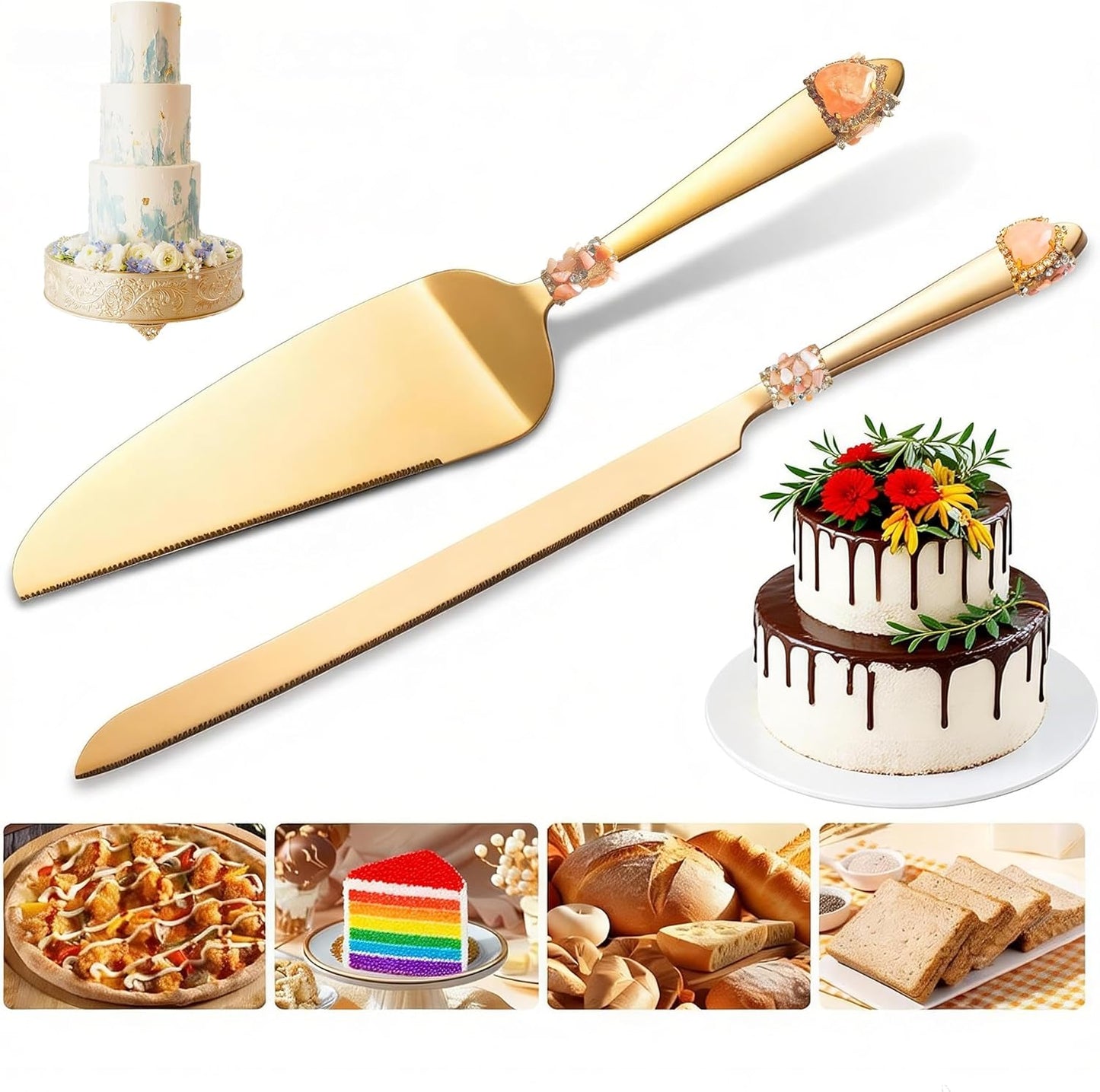 Handcrafted Luxury Gold Wedding Cake Knife and Server Set – Stainless Steel with Crystal & Gemstone Embellished Handles, Gift for Wedding, Anniversary, Engagement, Bridal Shower (pink)