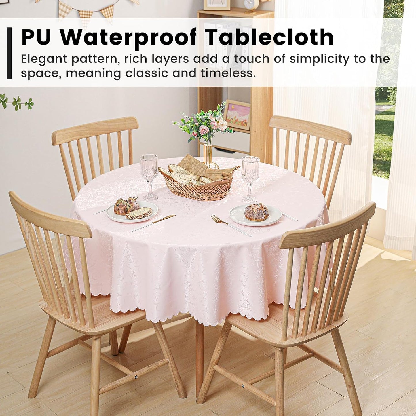 Qubjus Round Jacquard Tablecloth High Weight Heavy Waterproof oilproof with Lace Table Cover for Dining Table,Round-70 Inch, Pink