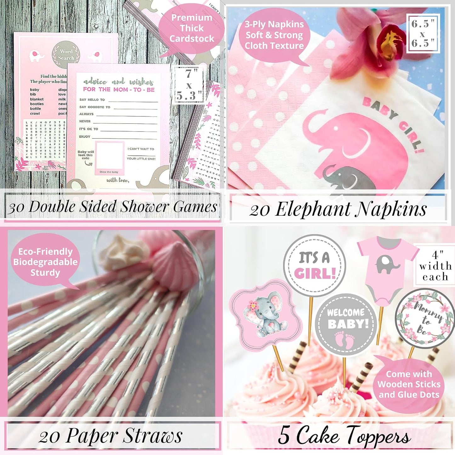 697 Pc Pink Elephant Baby Shower Decorations for Girl - Premium Set | Includes It's a Girl banner, elephant garland, guest book, sash, cake toppers, balloons, napkins, straws, fans & games