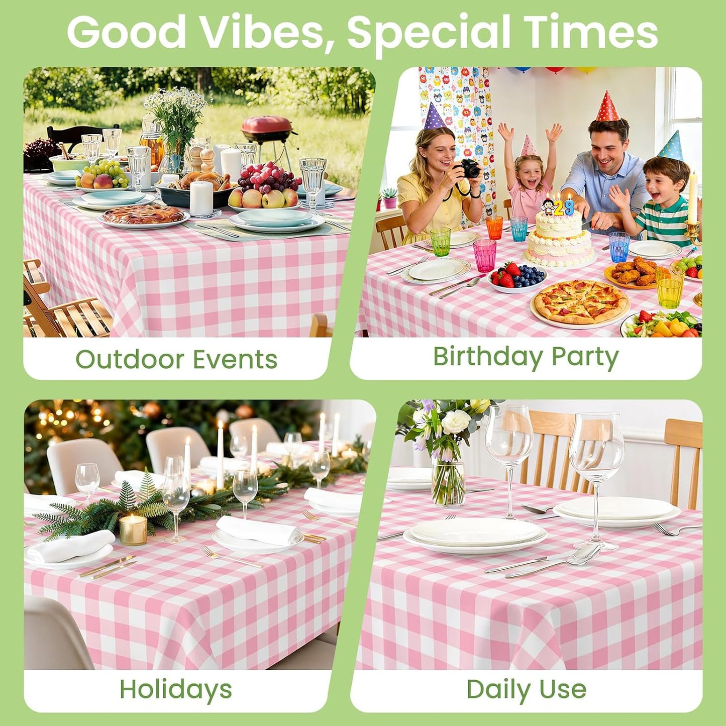 LANLISA 4 Pack Pink Gingham Tablecloth Plastic, 54 x 108 Inch Rectangle Table Cloth Disposable, Valentines Day, Easter Party, Mothers Day Decorations Tablecloths, Birthday Picnic Plastic Cover