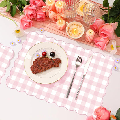 60 Pcs Pink Gingham Paper Placemat Party Supplies Gift Scalloped Table Placemat 17.7 X11.8 Inch Disposable Decorative Paper Mats Bulk for Valentine's Anniversay Baby Shower Wedding Banquet