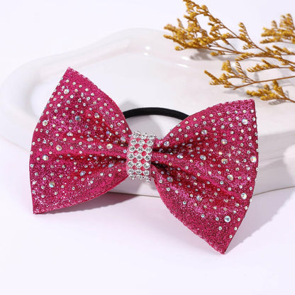 VOBOBE 16PCS Glitter Cheer Hair Bows for Cheerleading, Pink Sparkle Rhinestone Cheer Bow with Ponytail Holder Elastic Hair Ties for Teen Girls Cheerleader (Pink)