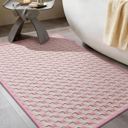 YIHOUSE Bathroom Rugs 16" x 24", Ultra Thin Checkered Weave Bath Mat - Soft Absorbent Quick Dry Bath Mat, Machine Washable Non Slip Bath Rugs for Bathroom, Shower and Tub, Pink White