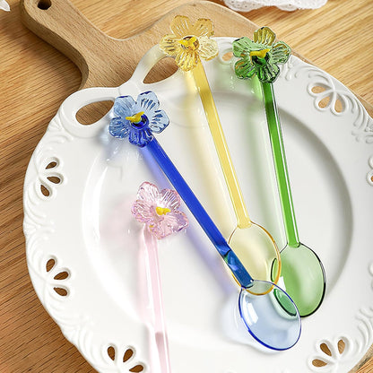 1 Pieces Glass Flower Coffee Spoons, 5.8 Inch Floral Design Drink Juice Stirring Spoon Ice Cream Salad Dessert Fruit Scoop Teaspoons Cocktail Stirrer for Home Bar Party Cafe (Pink)