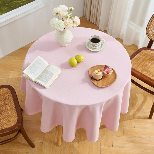 Light Pink Round Tablecloth, 60 Inch | Faux Linen, Textured Soft Fabric, Spill Resistant, Rustic Farmhouse