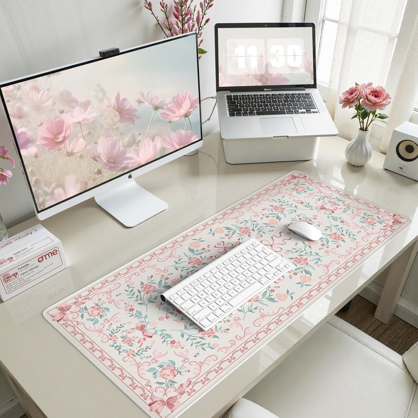 HAOCOO Pink Desktop Mat with Bow, Cute Large Mouse Pad for Office, Non-Slip Waterproof Desk Pad for Keyboard and Mouse, Floral Aesthetic Desktop Mat, Girly Home & Cubicle Supplies