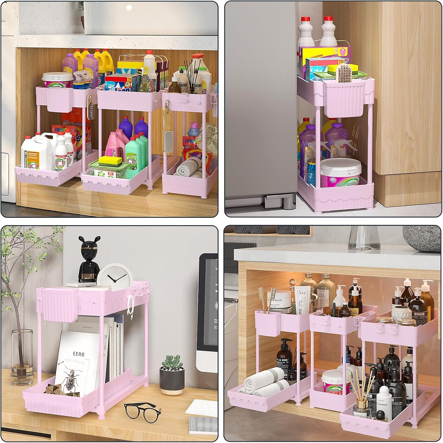 Sevenblue 3 Pack Under Sink Organizers, 2-Tier Multi-Use Kitchen and Bathroom Organizers and Storage with Sliding Drawers, Bathroom Cabinet Organizer (Pink, 14.8 Inch)