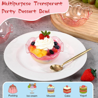 Newtay 50pcs 6oz Small Plastic Dessert Bowls Ice Cream Bowls Reusable Flower Shaped Party Serving Elegant Buffet Serving Cups for Nuts, Salad, Fruit, Snacks and Yogurt (Pink)