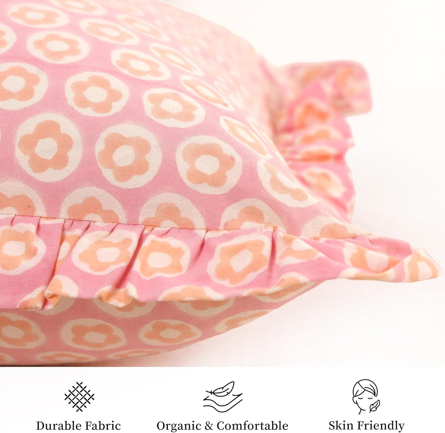 Hand-block printed, artisan-made bright throw pillow covers (Set of 2) - 100% cotton ruffled cushions for sofa, bed, chair, boho home décor, Spring/Summer Refresh (Pink-Peach, 20" x 20")