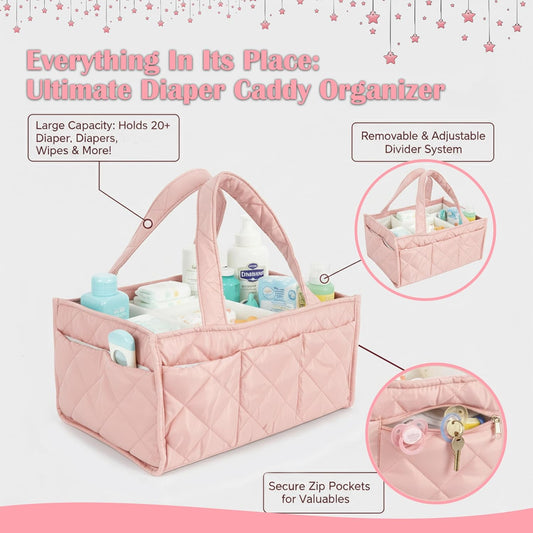 Baby Diaper Caddy Organiser with Zipper Pockets & Removable Dividers Soft Quilted Polyester & Silk Floss Nursery Storage Basket for Nappies, Wipes & Newborn Essentials, Baby Shower Gifts (Pink)