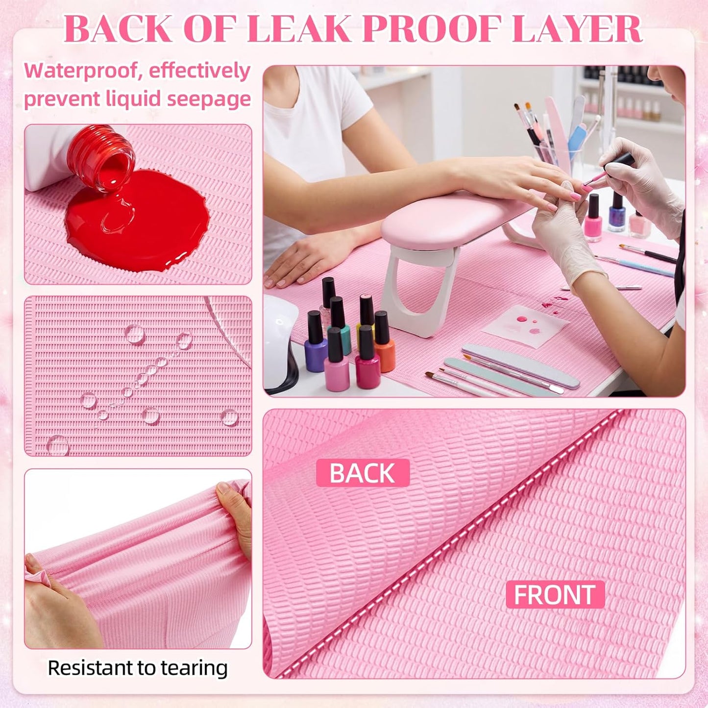 Novabright Nail Arm Rest with 50 Disposable Manicure Mats, Foldable PU Leather Hand Cushion and 3-Ply Absorbent Table Pads with PE Backing, Nail Tech Supplies for Salon Desk(Pink)