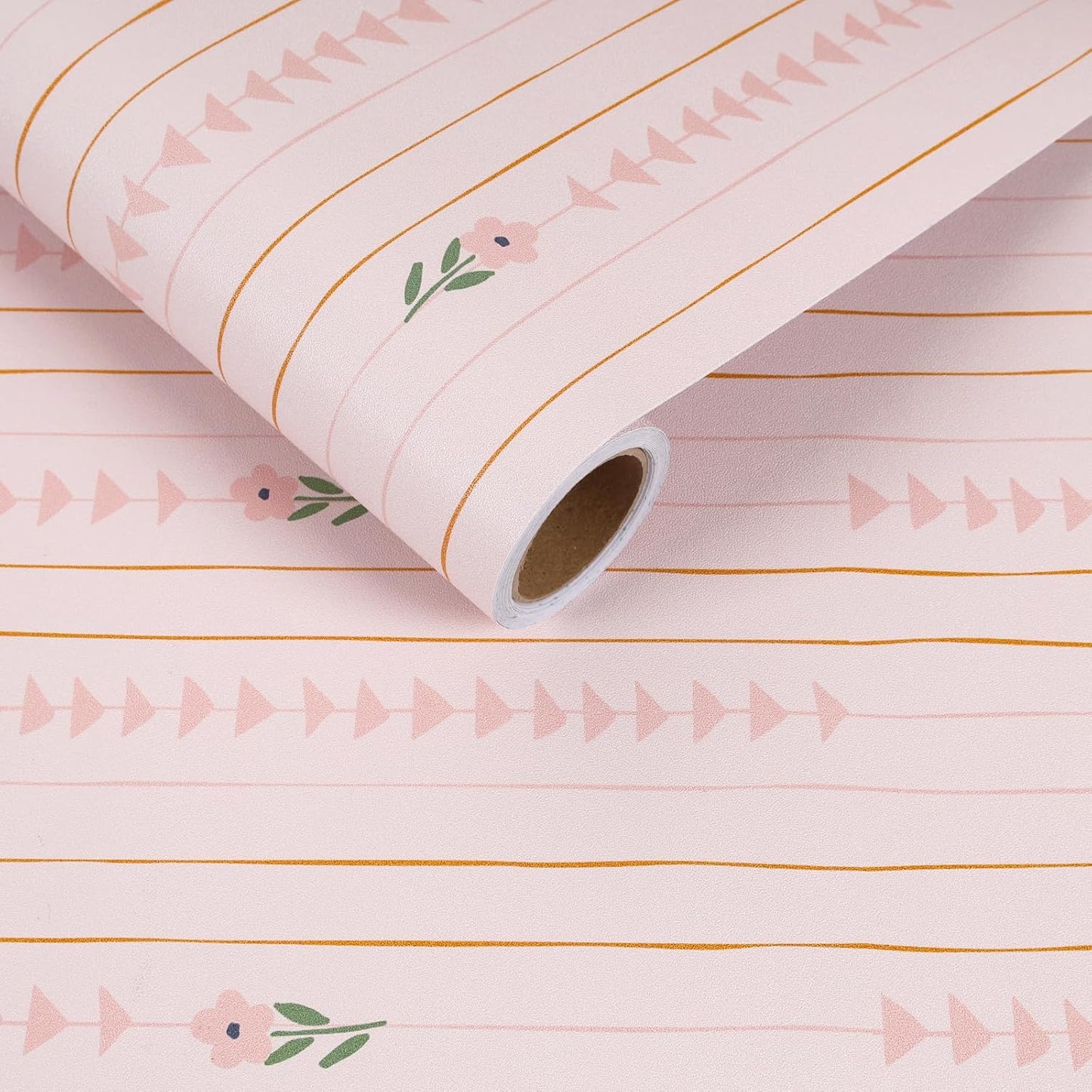 CRE8TIVE Cute Light Pink Floral Peel and Stick Wallpaper for Nursery Girls Bedroom Vertical Stripes Triangles Art Deco Wallpaper Removable Pink Contact Paper for Cabinets Drawers Accent Walls 12"x118"