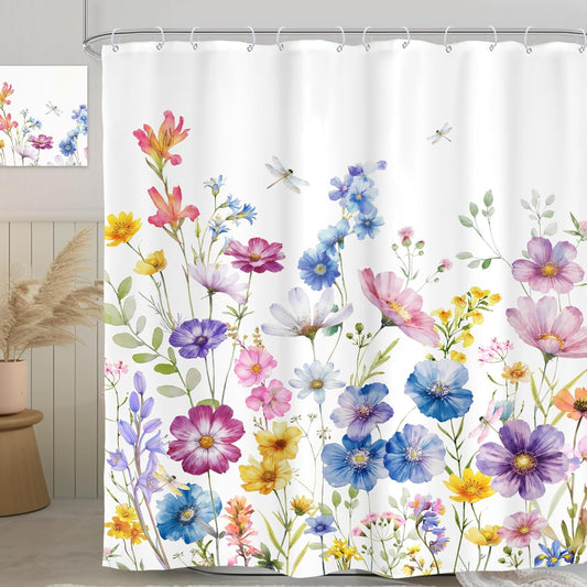 Glawry Spring Floral Shower Curtain, Watercolor Wildflowers Shower Curtains for Bathroom, Vintage Pink Flowers Bathroom Decor - Waterproof Polyester Fabric Bathroom Curtain 12 Hooks, 72x72 Inches