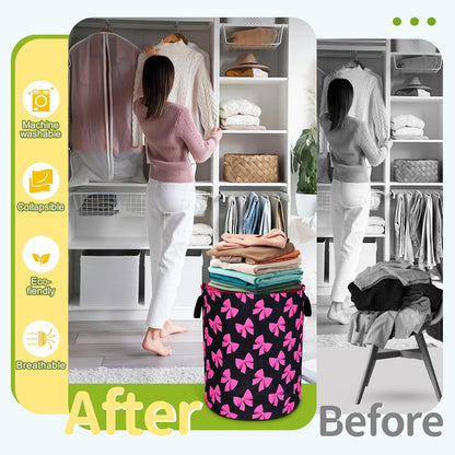 Pink Bow Laundry Basket Funny Bowknot Foldable Waterproof Oxford Cloth Tote Bag Laundry Hamper Round Large Clothes Storage Bucket Organizer For Bathroom/Laundry Storage/Bedroom 18.9x16.5 Inch