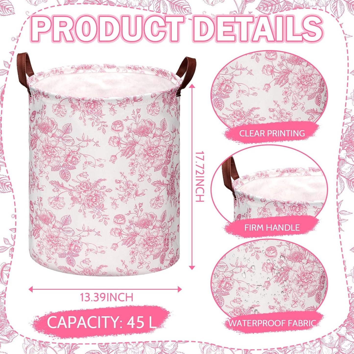 CroBlissful 2 Pcs Pink Floral Laundry Basket Coquette Storage Basket for Girls Nursery Hamper with Handles Foldable Waterproof Collapsible Storage Bin Organizer for College Dorms Bathroom