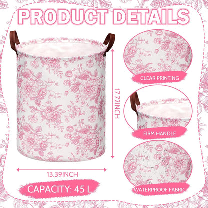 CroBlissful 2 Pcs Pink Floral Laundry Basket Coquette Storage Basket for Girls Nursery Hamper with Handles Foldable Waterproof Collapsible Storage Bin Organizer for College Dorms Bathroom