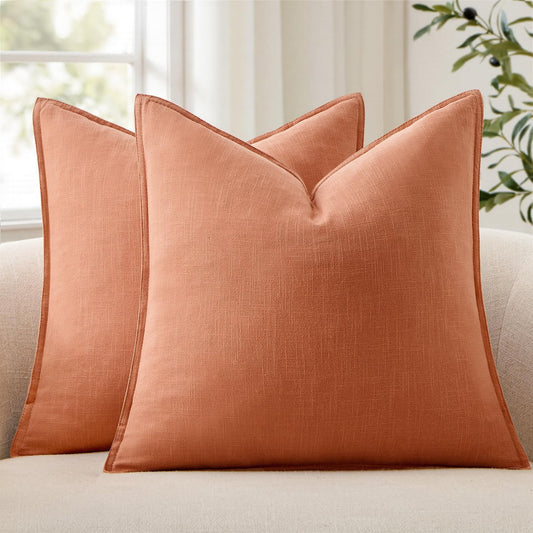 ANRODUO Pack of 2 Decorative Linen Pillow Covers Coral Neutral Farmhouse Boho Soild Cushion Case Soft Accent Pillowcase for Couch Sofa Bedroom Living Room Summer Home Decor 20 x 20 Inch