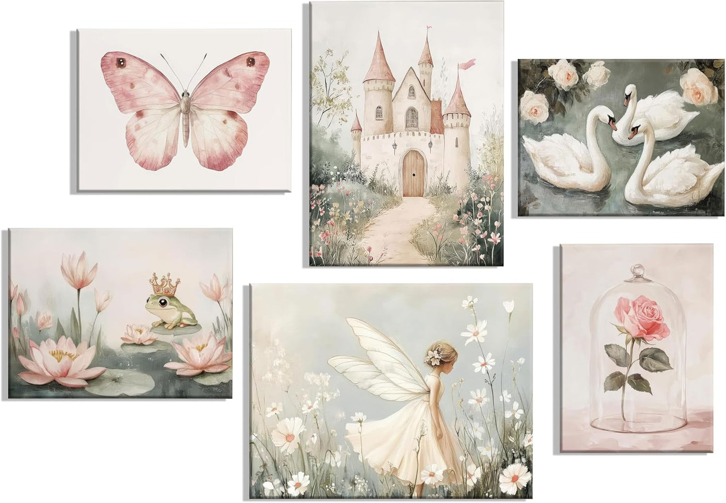 Coquette Wall Art Pastel Pink Trendy Posters Wall Decor White Swan Butterfly Frog Painting Pictures Castle Elf Aesthetic Floral Canvas Prints for Nursery Teen Girls Bedroom College Dorm Framed
