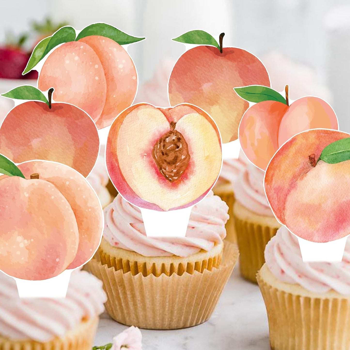 Peach Cupcake Toppers Birthday Party Decorations 48PCS Peach Cupcake Picks Sweet Peaches Fruits Cake Decor for One Sweet Summer Baby Shower Supplies