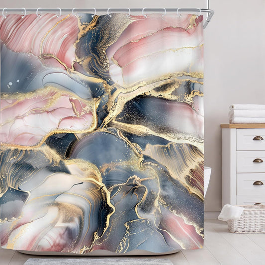 Riyidecor Navy Blue Pink Rose Gold Marble Abstract Shower Curtain for Bathroom Decor 60Wx72H Modern Purple Marble Ombre Luxury Texture Geometric Aesthetic Ink Printed Fabric Polyester Waterproof
