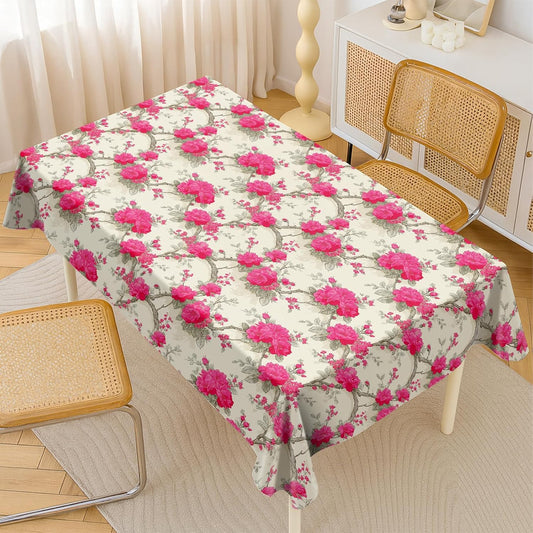 HOMETITUTE Rectangular Tablecloth Vintage Pink Floral Rose Pattern Brown Stems for Indoor Outdoor Dining Kitchen Home Decor & Parties Table Linen 60x83 Inch Table Cover