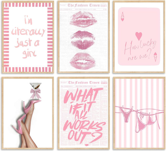 Trendy Baby Pink Wall Art Vintage Newspaper Posters How Lucky Are We and Just a Girl Pictures Coastal Bikini Hot Girly Lips Preppy Y2K Aesthetic Painting Print Artwork for Girly Room Dorm, Unframed
