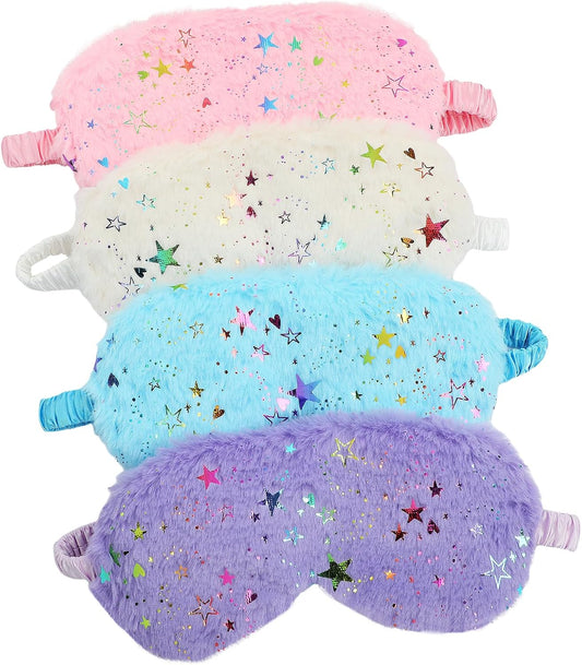 UTENEW 4 Pieces Glitter Stars Pattern Plush Sleep Mask, Soft Eye Cover, Faux Fur Sleeping Blindfold Eyeshade with Elastic Strap & Satin Back for Travel Sleepover Nap Party Supply Girls Women, 4 Colors