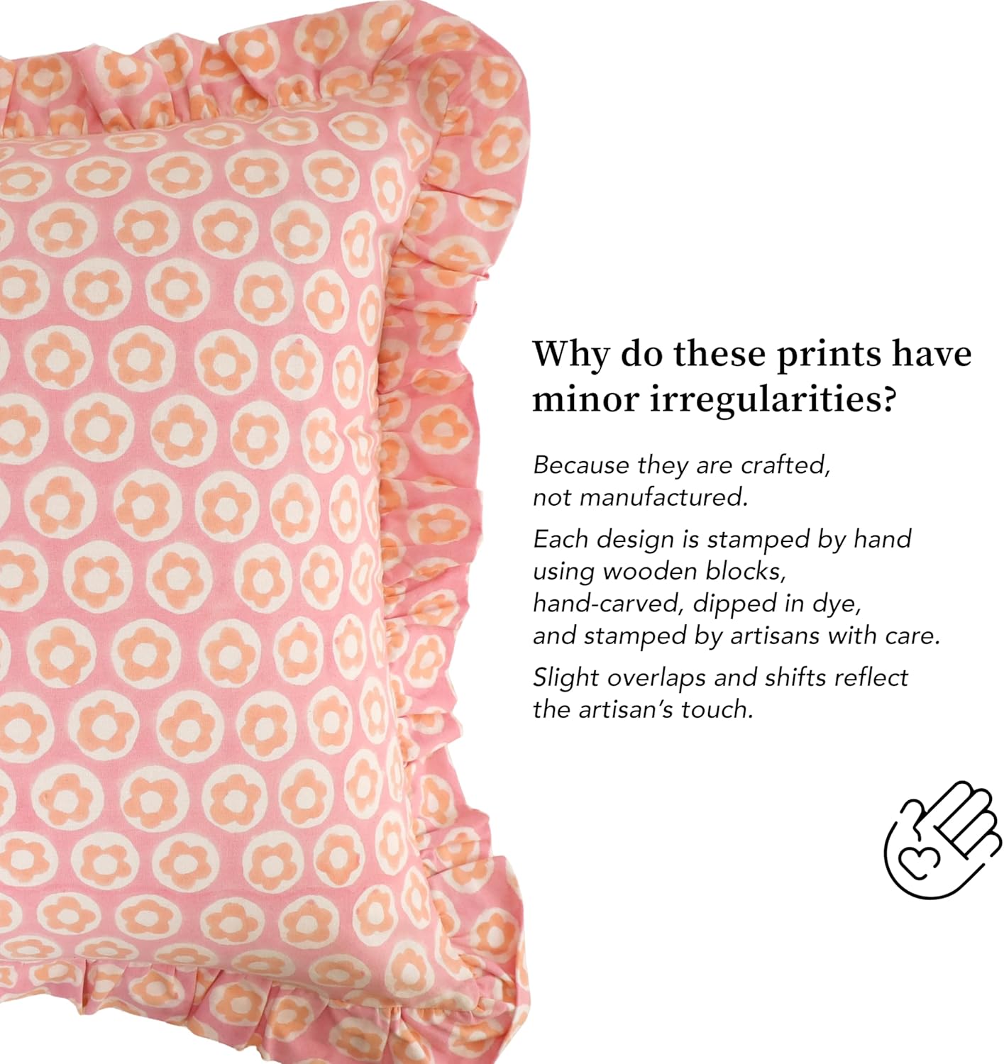 Hand-block printed, artisan-made bright throw pillow covers (Set of 2) - 100% cotton ruffled cushions for sofa, bed, chair, boho home décor, Spring/Summer Refresh (Pink-Peach, 20" x 20")