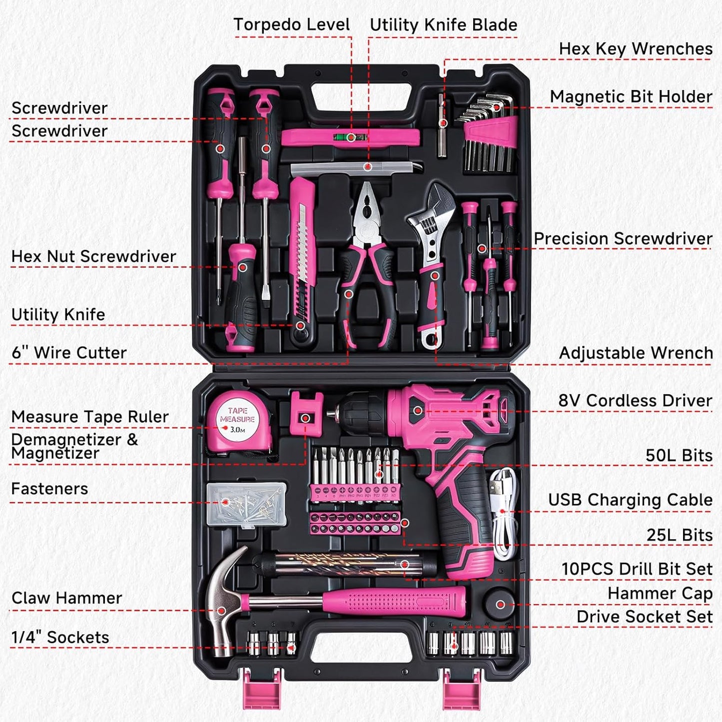 Drill Set for Women, 132 Piece Home Tool Set with 8V Cordless Drill, Tool Kit for Women & Men, Perfect for Homeowner, Diyer, Handyman