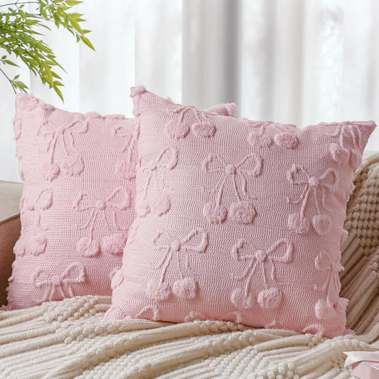 Mixweer Pink Bow Pillow Covers Set of 2 Cute Cherry Throw Pillow Cover 18 x 18 Coquette Decor Preppy Soft Fluffy Plush Pillowcover Aesthetic Gift for Girls Room Decor Living Room Sofa Couch