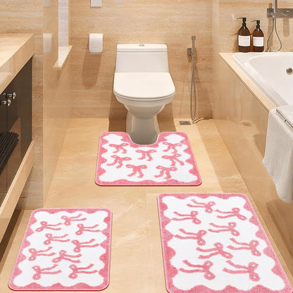 Nuanchu 3 Pcs Pink Bow Bathroom Rugs Set, Cute Bow Bath Mat Soft Non Slip Absorbent Coquette Bathroom Decor, Washable Bath Mat, U Shaped Toilet Rug for Bedroom, Living Home 31.5x20/ 24x22/ 24x17 Inch