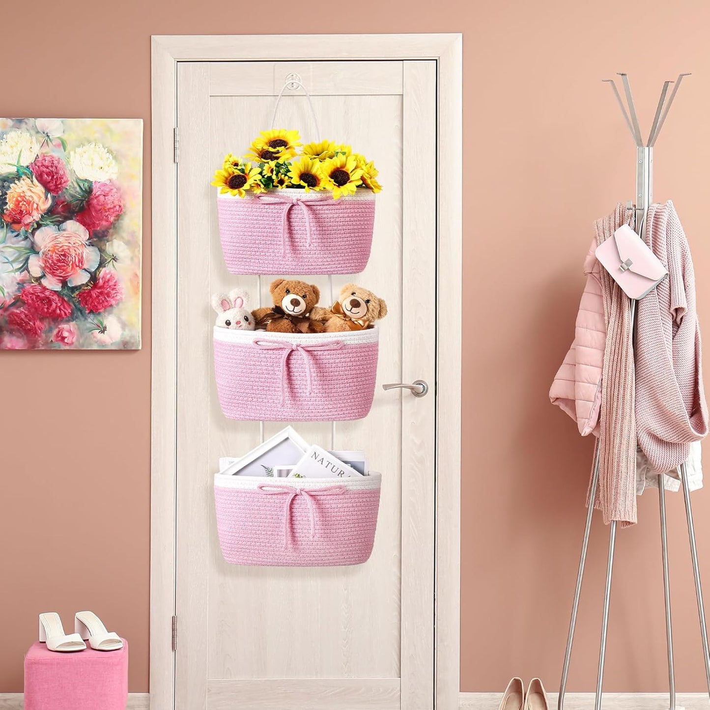 Zopeal 3 Tier Wall Mounted Woven Cotton Rope Hanging Basket Over the Door Hanging Basket with Hooks Decorative Food Snack Storage Organizer Newborn for Living Room(Pink,Bow)
