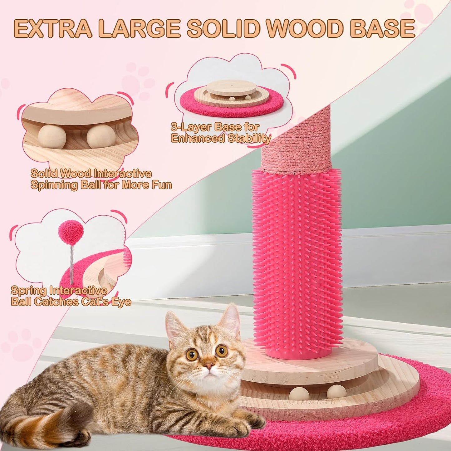 Cat Scratching Post for Indoor Cats Adults, 45 Inch Tall Cat Scratcher with Sisal Rope, Large Cats Scratching Posts with Hanging Ball for Kittens and Medium Large Cats (Pink Color)