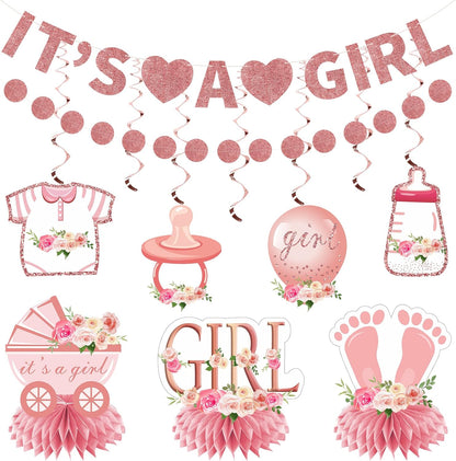 9PCS Pink Rose Gold Baby Shower Decorations Kit for Girl, Floral It's a Girl Gender Reveal Banner Table Centerpiece Hanging Swirls Set, Pregnancy Announcement Circle Dot Garland Banner Party Supplies