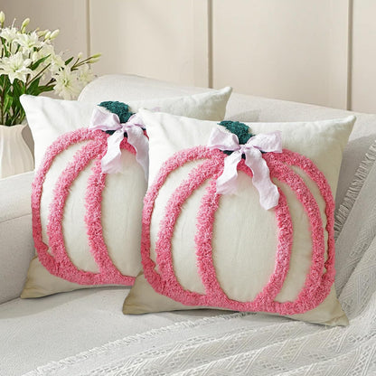 Set of 2 Fall Pumpkins Decorative Pillow Covers, Cute Bowknot Cotton Tufted Farmhouse Throw Cushion Cases for Autumn Thanksgiving Holiday Home Decorations(Pink,18"x18")