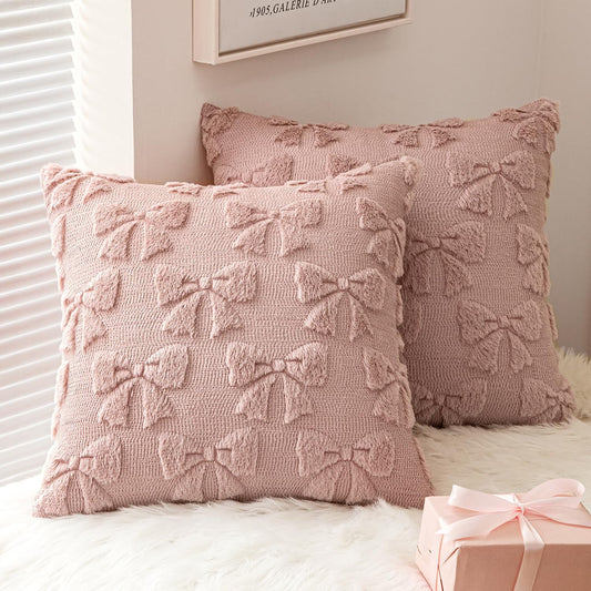 MIULEE Blush Pink Bow Pillow Covers Coquette Room Decor Aesthetic Set of 2 Spring Decorative Cute Girl Soft Plush Faux Pillowcase for Preppy Room Decor Bedroom Couch,18x18 Inch